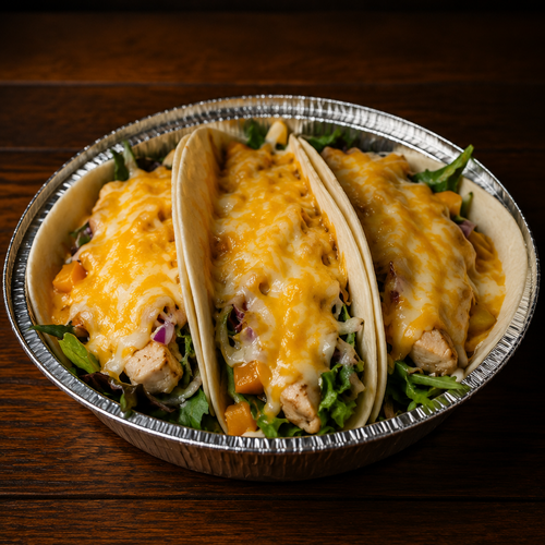Three tacos with cheese in a metal tray on a wooden surface