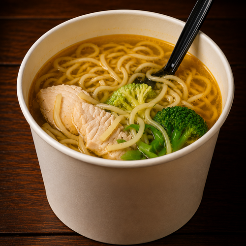 Noodle soup with chicken and broccoli in a white bowl on a wooden surface