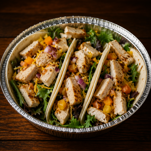 Taco salad in a foil container on a wooden surface