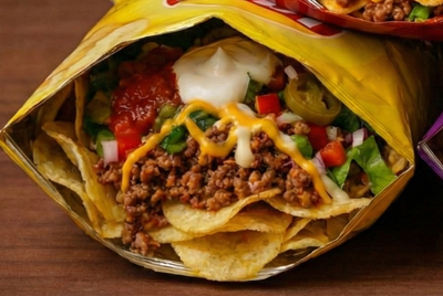 Three open bags of loaded nachos with various toppings on a wooden surface.